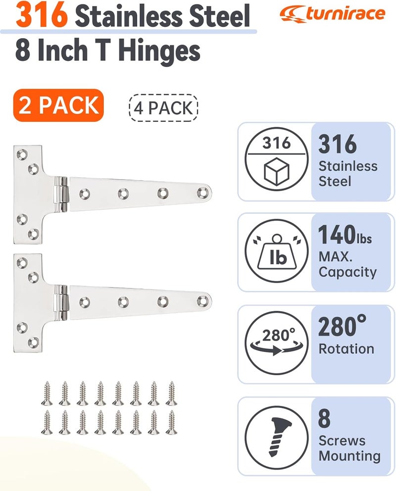 Turnirace 316 Stainless Steel 8 in x 4 in T Hinges, Marine Grade Heavy Duty Hinges with Screws for Hatch, Yacht, Gate, Door, Fence, Barn, Cabinets, Windows (2 Pack) - Image 2